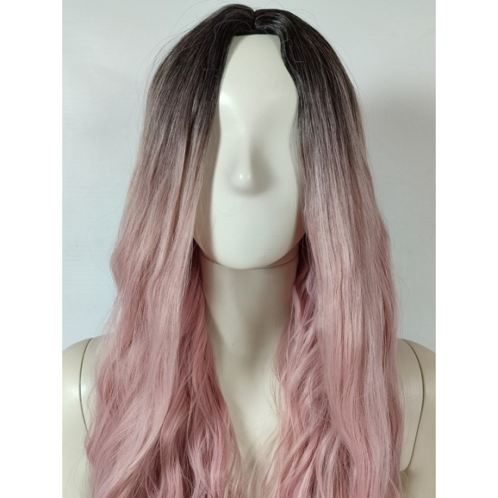 Peruka ombre bez grzywki pastelowy brudny blady róż różowa loki fale PK124