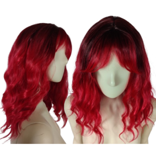 Peruka ombre z grzywką czerwona loki fale do ramion bordowa nu goth PK150