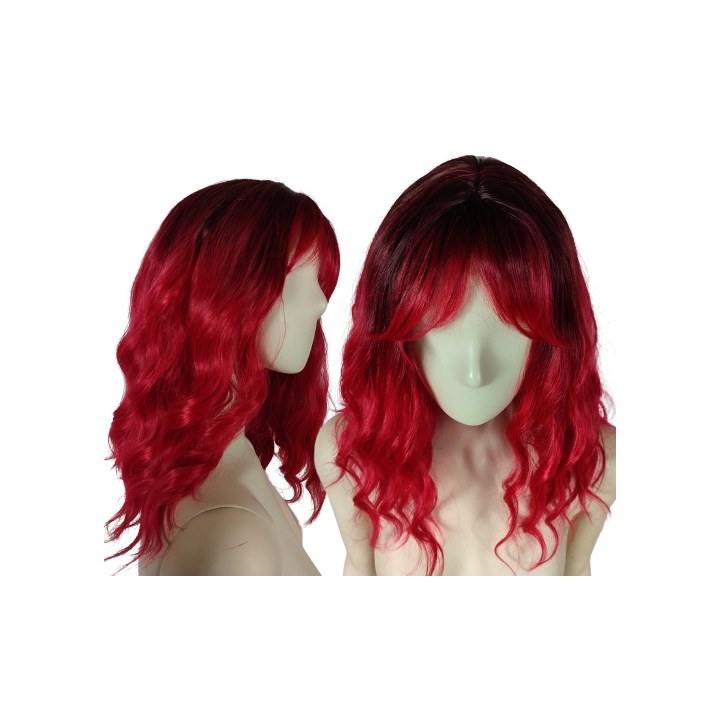 Peruka ombre z grzywką czerwona loki fale do ramion bordowa nu goth PK150
