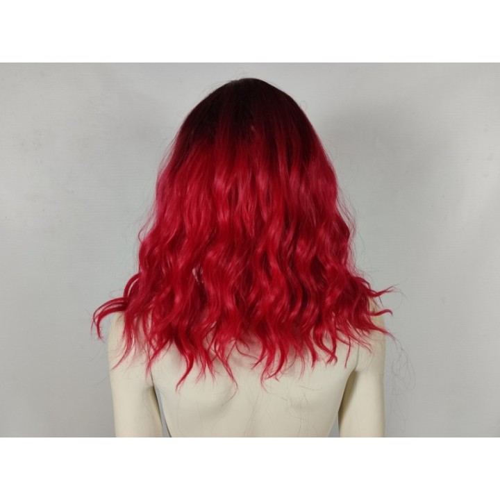 Peruka ombre z grzywką czerwona loki fale do ramion bordowa nu goth PK150