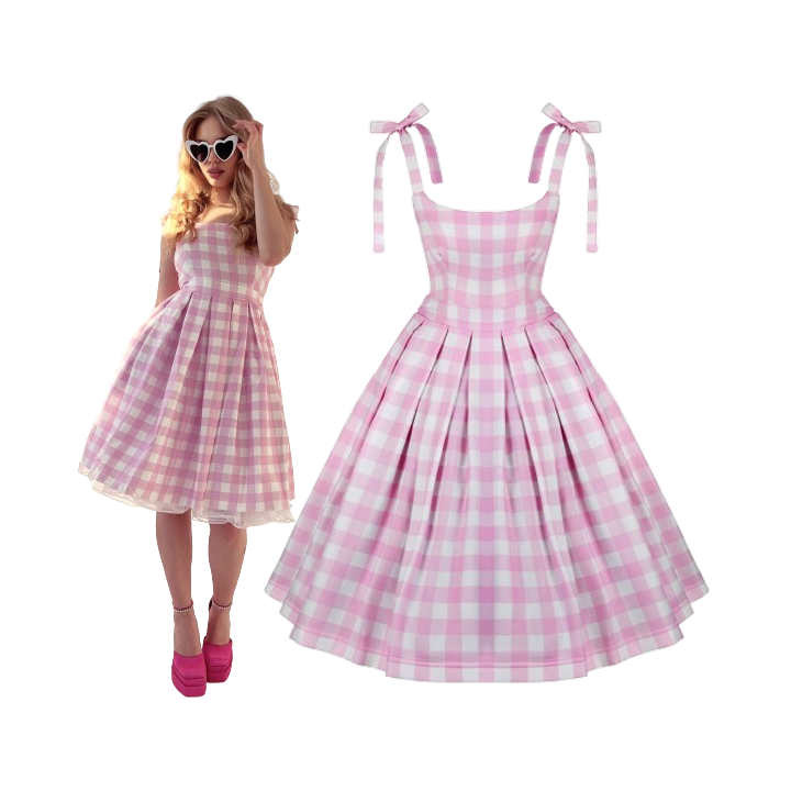 Sukienka pin up w kratkę rozkloszowana z koła retro różowa plisowana BARBIE