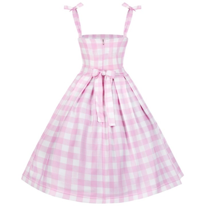 Sukienka pin up w kratkę rozkloszowana z koła retro różowa plisowana BARBIE