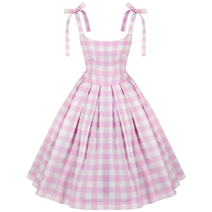 Sukienka pin up w kratkę rozkloszowana z koła retro różowa plisowana BARBIE