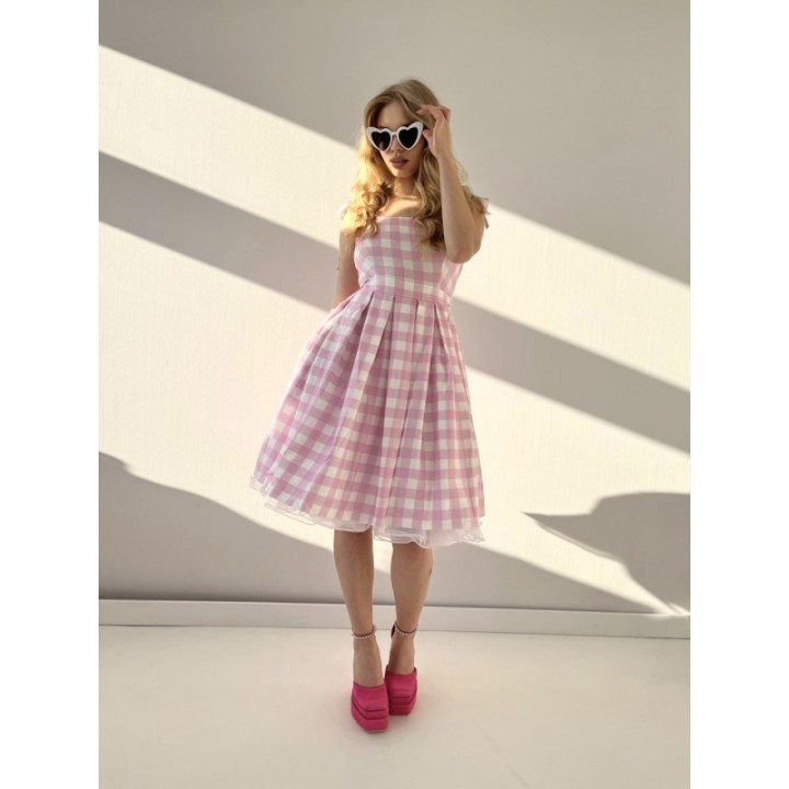 Sukienka pin up w kratkę rozkloszowana z koła retro różowa plisowana BARBIE