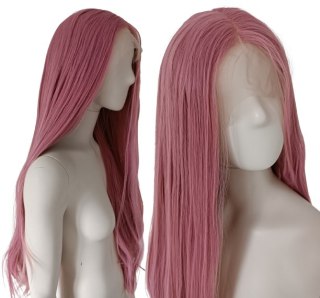 Peruka LACE FRONT różowa pudrowy róż długa cosplay LF001