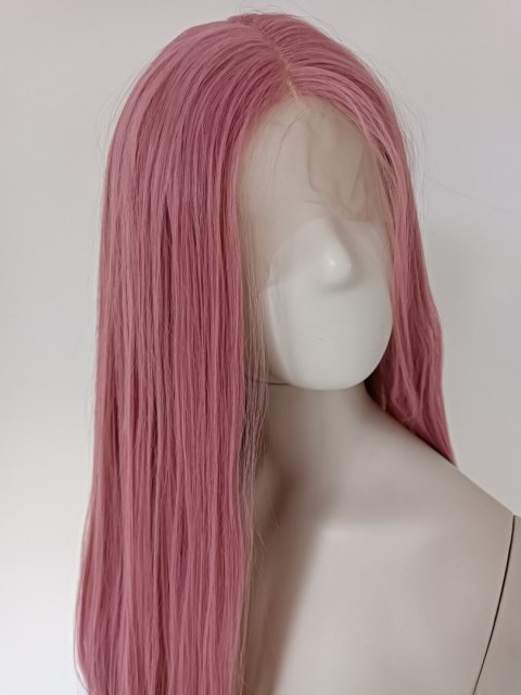 Peruka LACE FRONT różowa pudrowy róż długa cosplay LF001