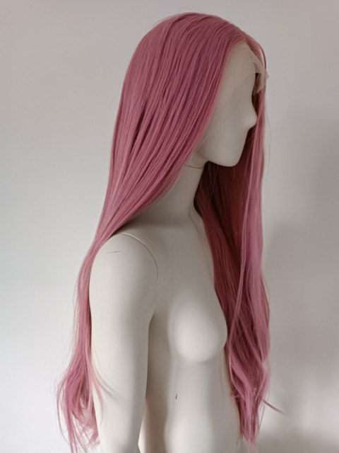 Peruka LACE FRONT różowa pudrowy róż długa cosplay LF001