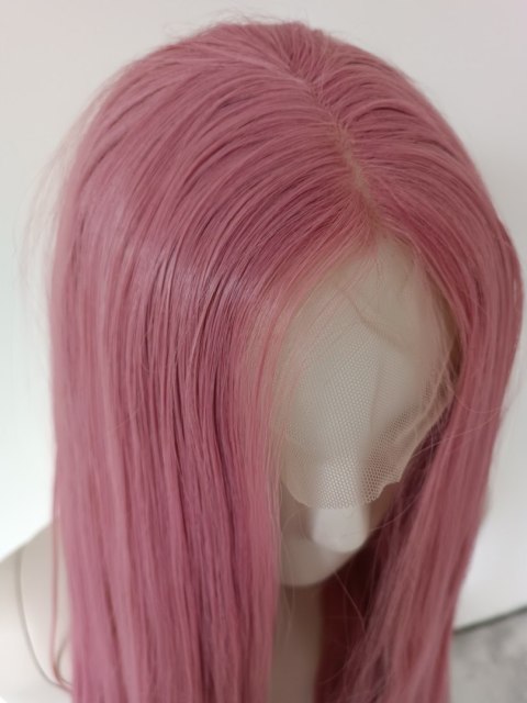 Peruka LACE FRONT różowa pudrowy róż długa cosplay LF001