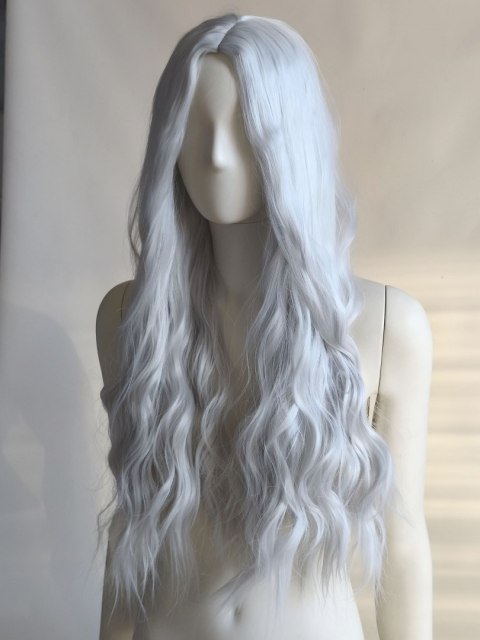 Peruka bez grzywki ombre szara siwa loki fale PK058