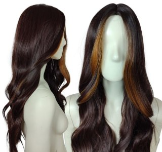 Peruka front blond brązowa bez grzywki fale jasne pasemk PK043