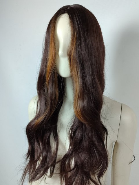 Peruka front blond brązowa bez grzywki fale jasne pasemk PK043