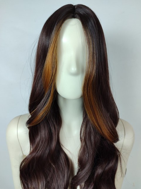 Peruka front blond brązowa bez grzywki fale jasne pasemk PK043