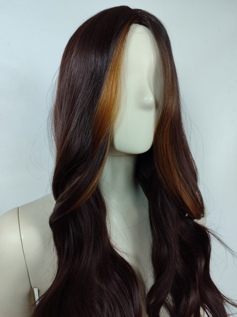 Peruka front blond brązowa bez grzywki fale jasne pasemk PK043