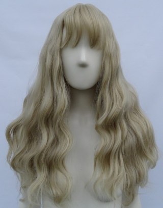 Peruka gęste fale loki platynowy blond z grzywką PK085
