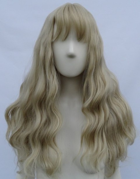 Peruka gęste fale loki platynowy blond z grzywką PK085