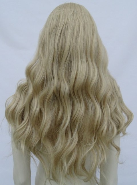 Peruka gęste fale loki platynowy blond z grzywką PK085