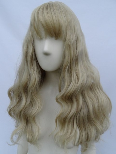 Peruka gęste fale loki platynowy blond z grzywką PK085