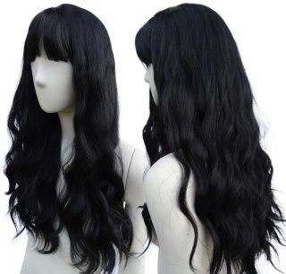 Peruka gęste loki fale czarna z grzywką cosplay PK088