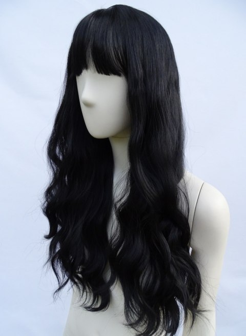 Peruka gęste loki fale czarna z grzywką cosplay PK088