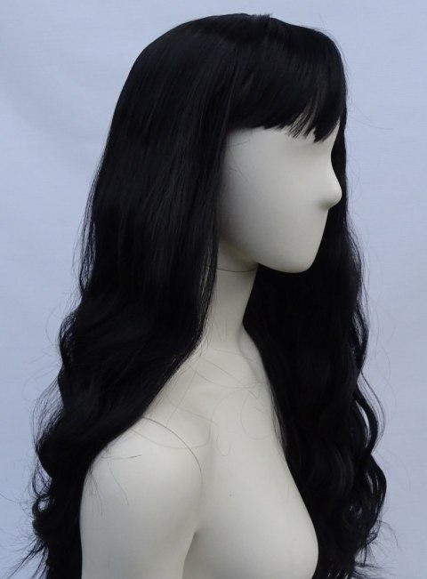 Peruka gęste loki fale czarna z grzywką cosplay PK088