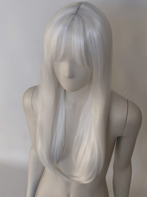 Peruka z prostą grzywką biała cosplay gęsta PK110