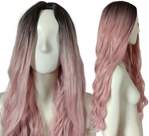 Peruka ombre bez grzywki pastelowy brudny blady róż różowa loki fale PK124