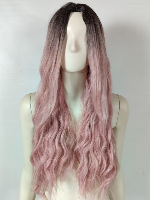 Peruka ombre bez grzywki pastelowy brudny blady róż różowa loki fale PK124