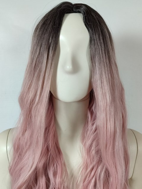 Peruka ombre bez grzywki pastelowy brudny blady róż różowa loki fale PK124