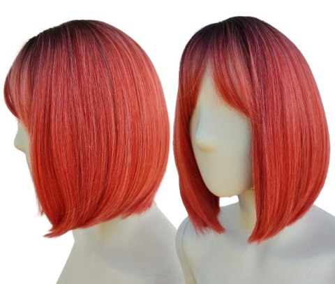 Peruka ombre bob z grzywką czerwona różowa PK112