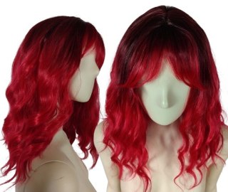 Peruka ombre z grzywką czerwona loki fale do ramion bordowa nu goth PK150