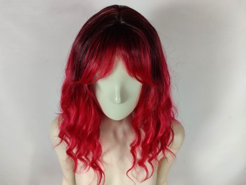 Peruka ombre z grzywką czerwona loki fale do ramion bordowa nu goth PK150