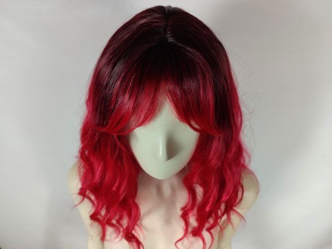 Peruka ombre z grzywką czerwona loki fale do ramion bordowa nu goth PK150
