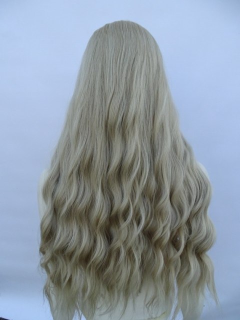 Peruka platynowy zimny jasny loki fale długa bez grzywki gęsta PK121