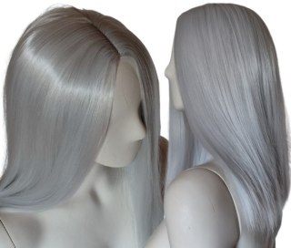 Peruka srebrna szara siwa longbob bez grzywki cosplay do ramion PK162