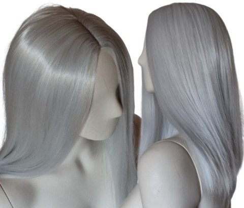 Peruka srebrna szara siwa longbob bez grzywki cosplay do ramion PK162