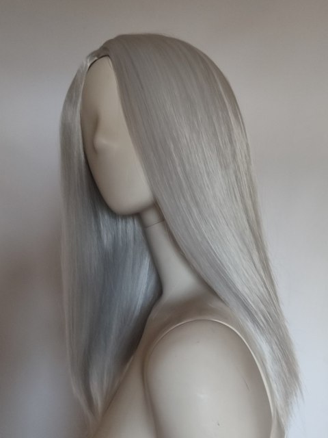 Peruka srebrna szara siwa longbob bez grzywki cosplay do ramion PK162