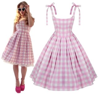 Sukienka pin up w kratkę rozkloszowana z koła retro różowa plisowana BARBIE
