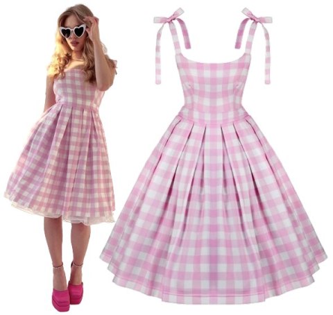 Sukienka pin up w kratkę rozkloszowana z koła retro różowa plisowana BARBIE