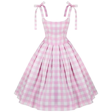 Sukienka pin up w kratkę rozkloszowana z koła retro różowa plisowana BARBIE